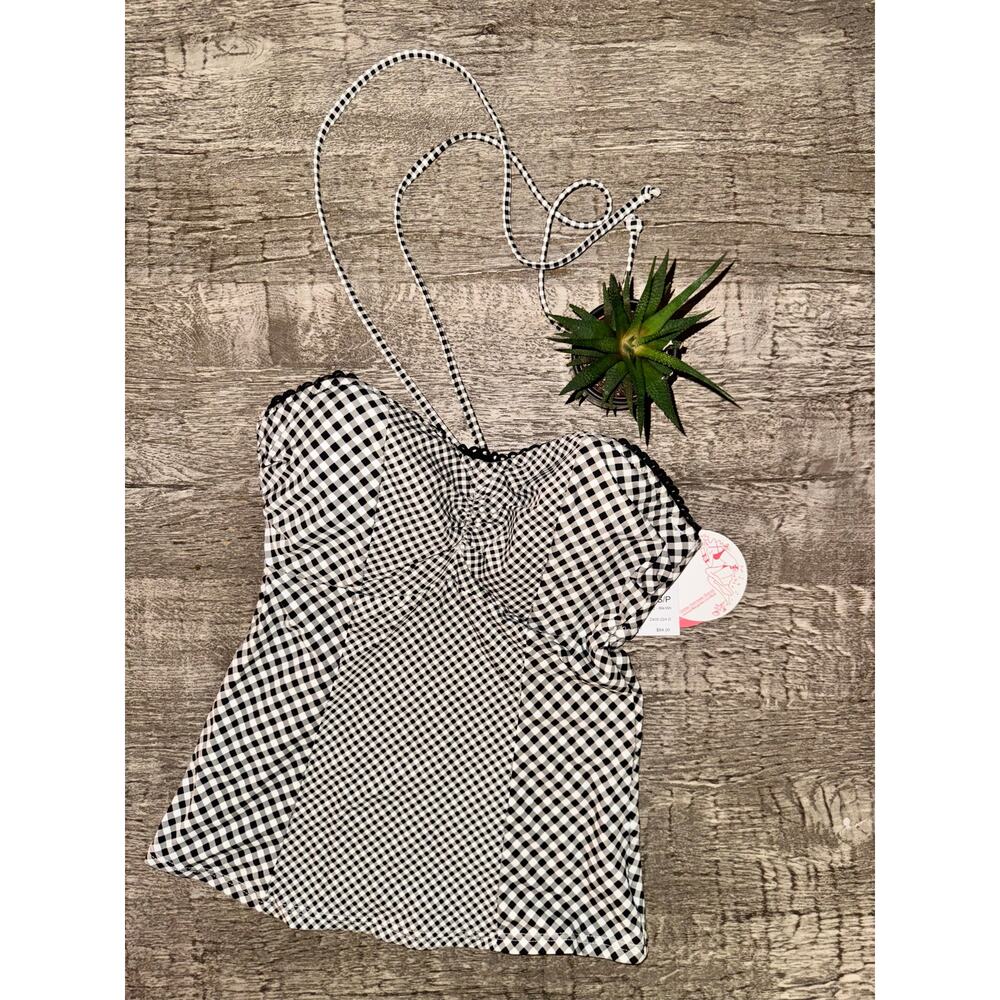 Gottex Black White Gingham Swim Top | Strapless Tankini Bandeau | Retro Chic | S
